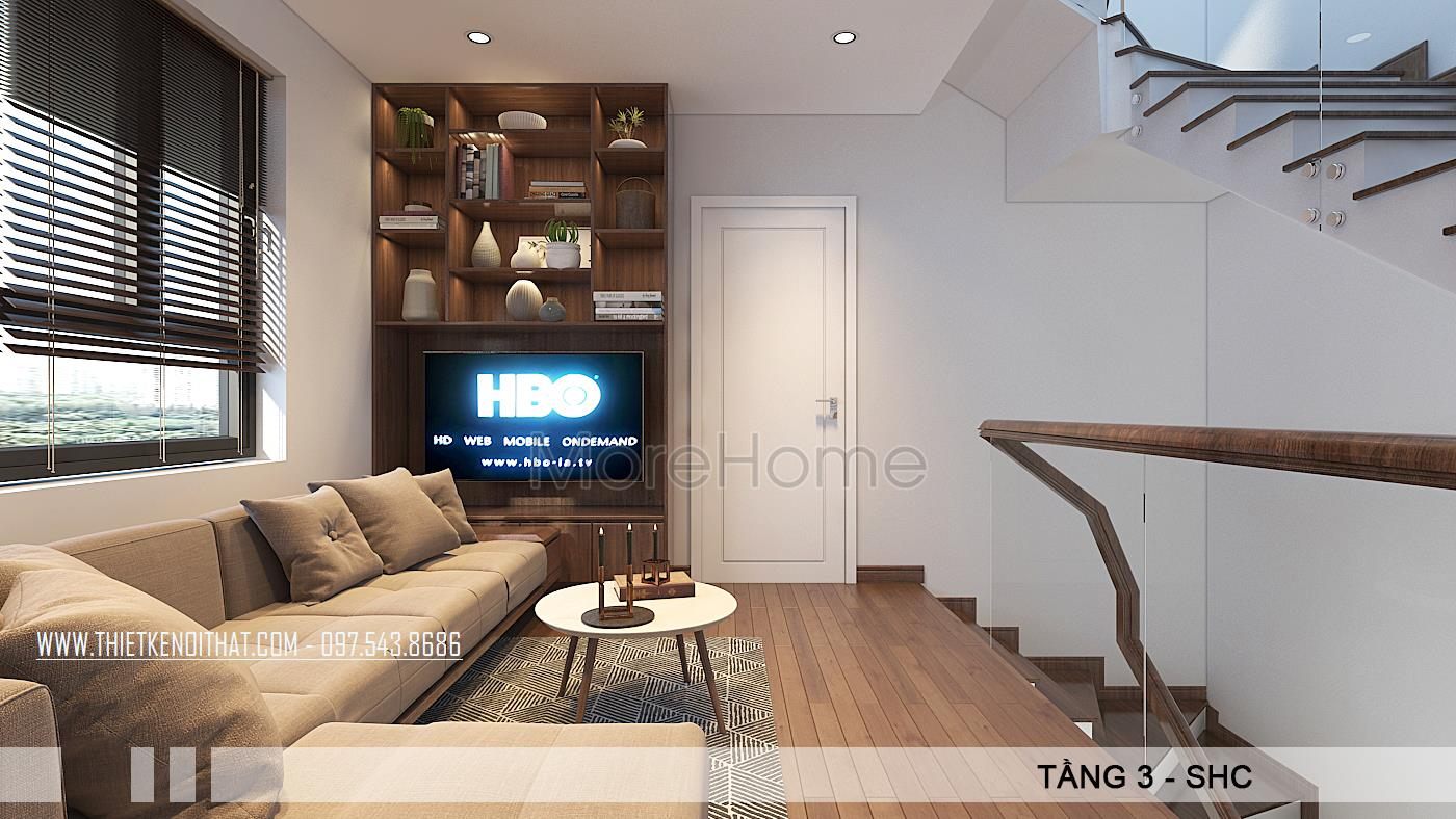 Cầu thang gỗ trong mẫu thiết kế biệt thự VinHome Thăng Long